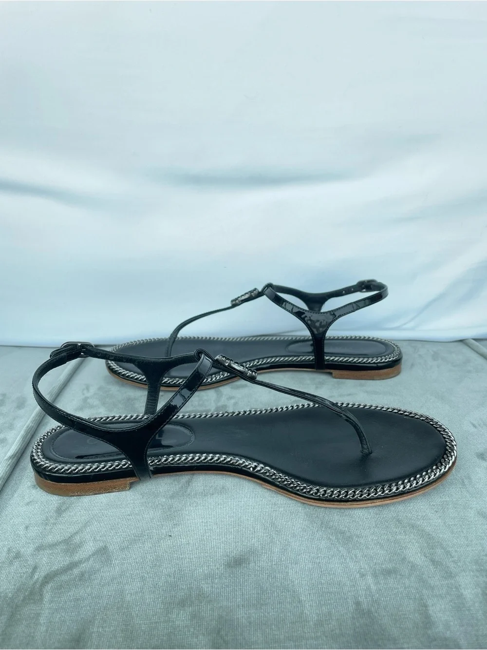 Chanel Black Chain-Trim Thong Sandals Embellished CC Logo & Silver Chains Detail